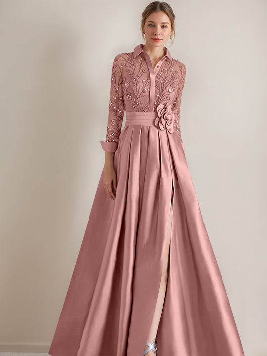 A-Line/Princess Shirt Collar Long Sleeves Floor-Length Mother of the Bride Dresses with Appliques &amp; Flower Belt