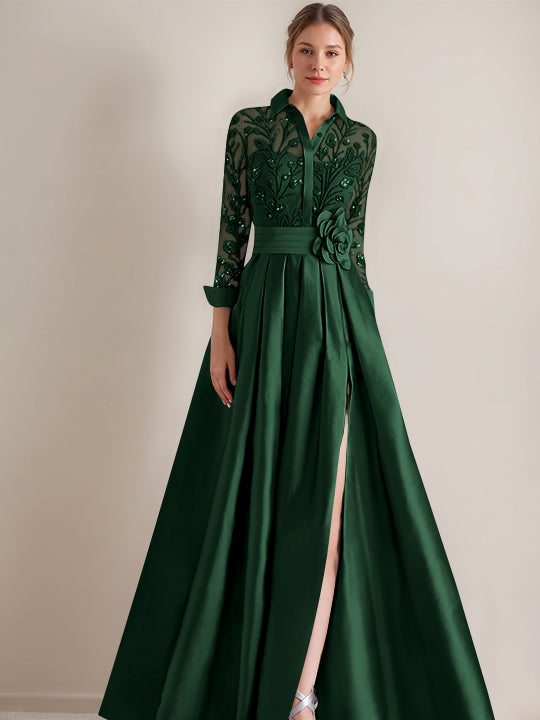 A-Line/Princess Shirt Collar Long Sleeves Floor-Length Mother of the Bride Dresses with Appliques &amp; Flower Belt