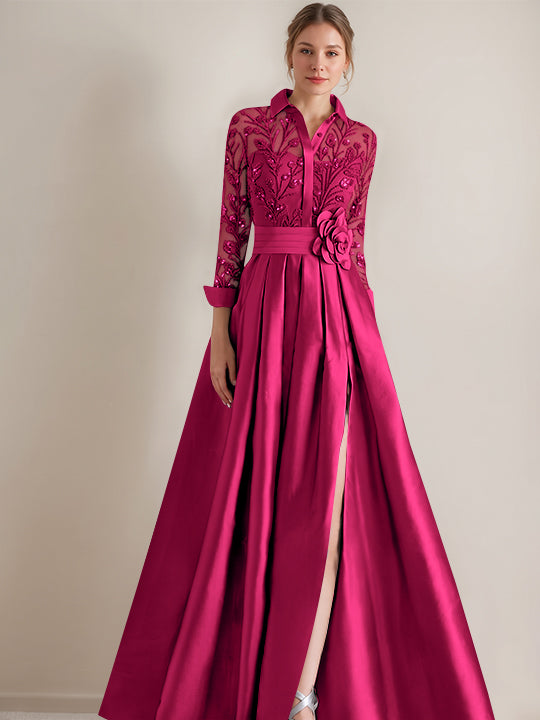 A-Line/Princess Shirt Collar Long Sleeves Floor-Length Mother of the Bride Dresses with Appliques &amp; Flower Belt