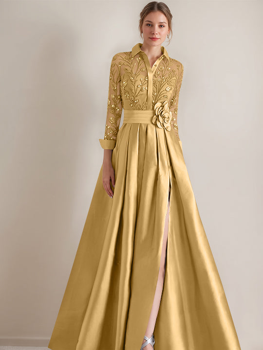 A-Line/Princess Shirt Collar Long Sleeves Floor-Length Mother of the Bride Dresses with Appliques &amp; Flower Belt