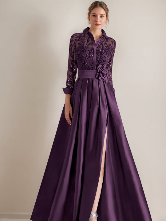 A-Line/Princess Shirt Collar Long Sleeves Floor-Length Mother of the Bride Dresses with Appliques &amp; Flower Belt