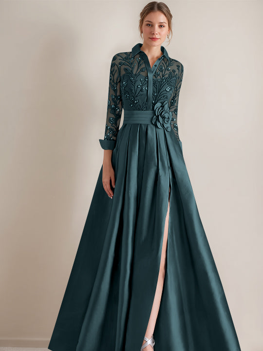 A-Line/Princess Shirt Collar Long Sleeves Floor-Length Mother of the Bride Dresses with Appliques &amp; Flower Belt