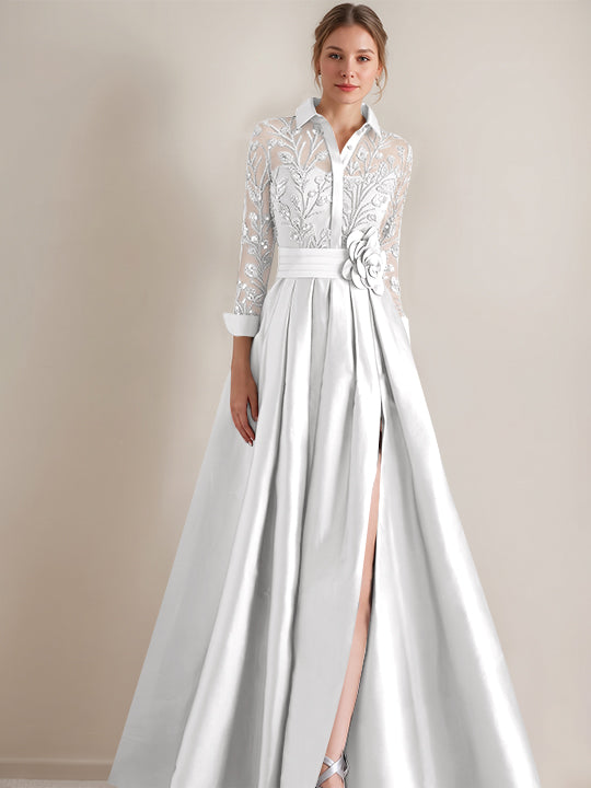 A-Line/Princess Shirt Collar Long Sleeves Floor-Length Mother of the Bride Dresses with Appliques &amp; Flower Belt
