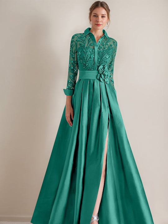 A-Line/Princess Shirt Collar Long Sleeves Floor-Length Mother of the Bride Dresses with Appliques &amp; Flower Belt