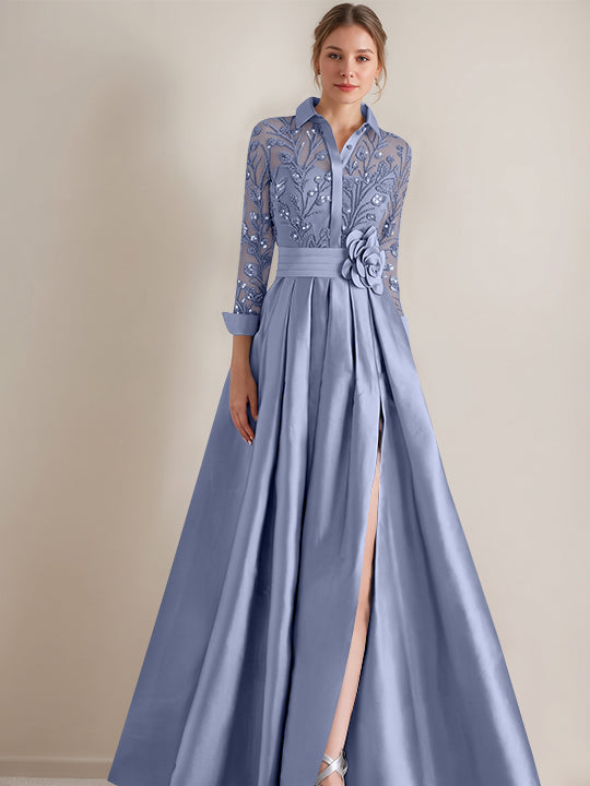 A-Line/Princess Shirt Collar Long Sleeves Floor-Length Mother of the Bride Dresses with Appliques &amp; Flower Belt