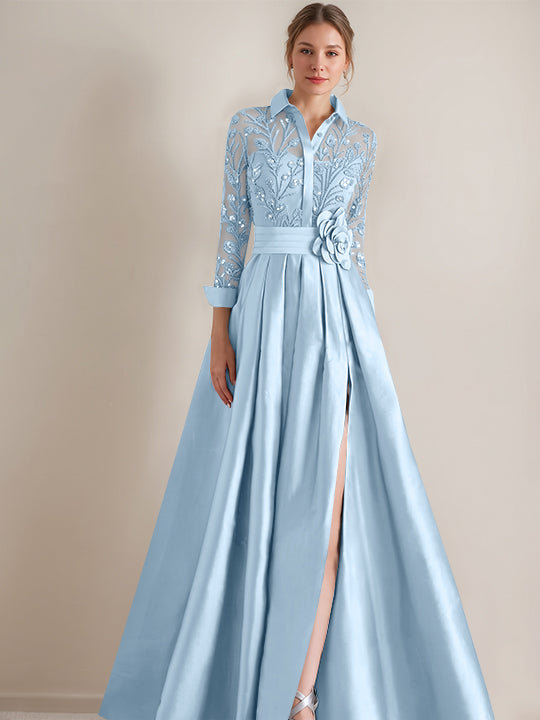 A-Line/Princess Shirt Collar Long Sleeves Floor-Length Mother of the Bride Dresses with Appliques &amp; Flower Belt