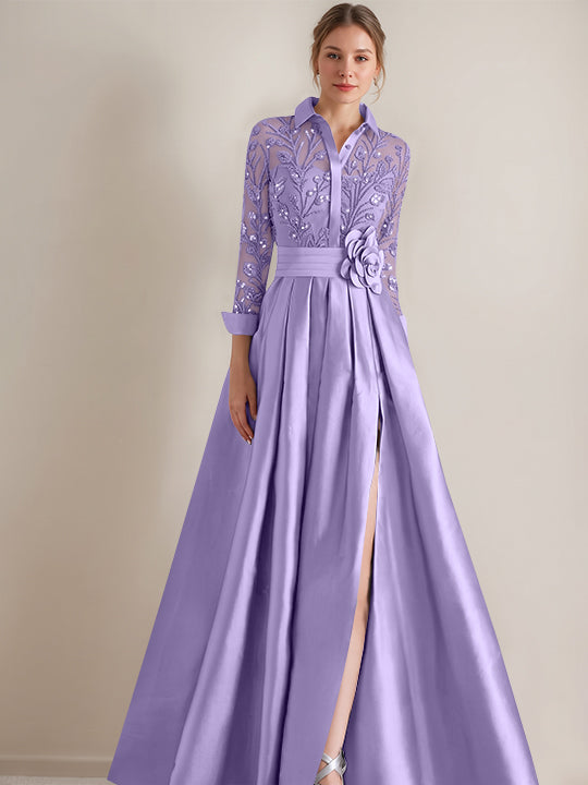 A-Line/Princess Shirt Collar Long Sleeves Floor-Length Mother of the Bride Dresses with Appliques &amp; Flower Belt