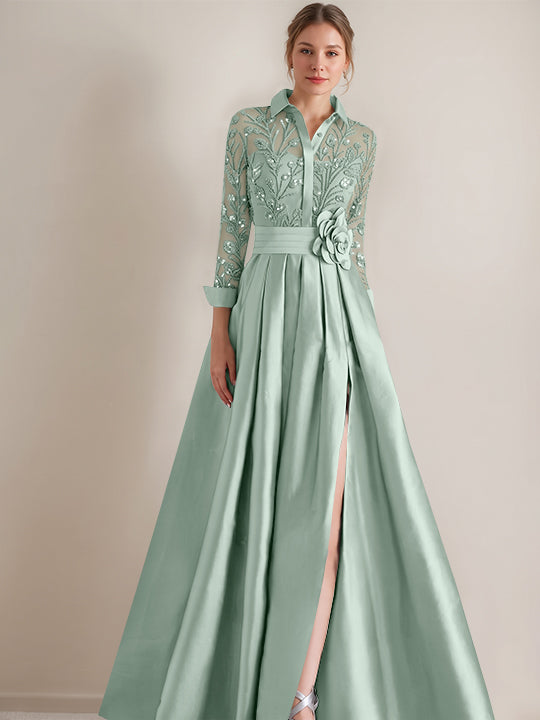 A-Line/Princess Shirt Collar Long Sleeves Floor-Length Mother of the Bride Dresses with Appliques &amp; Flower Belt