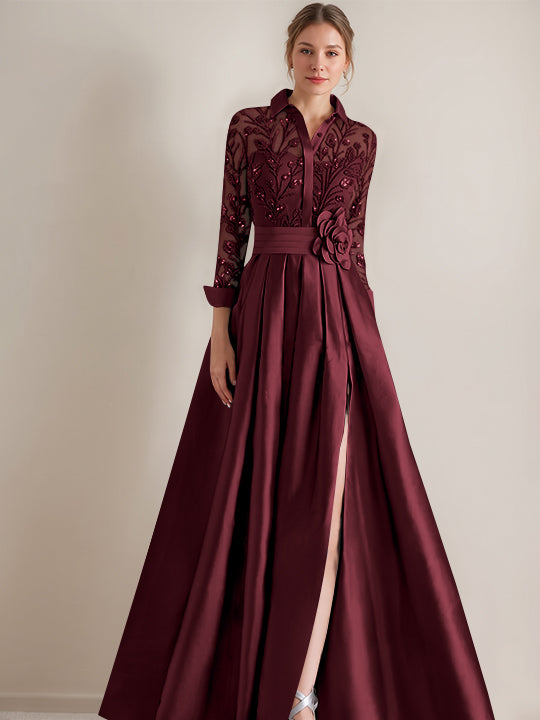 A-Line/Princess Shirt Collar Long Sleeves Floor-Length Mother of the Bride Dresses with Appliques &amp; Flower Belt