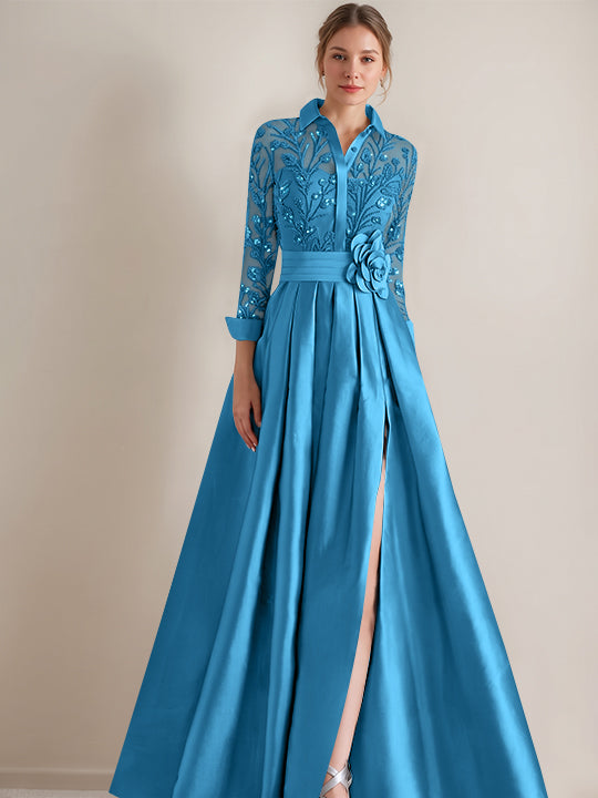 A-Line/Princess Shirt Collar Long Sleeves Floor-Length Mother of the Bride Dresses with Appliques &amp; Flower Belt