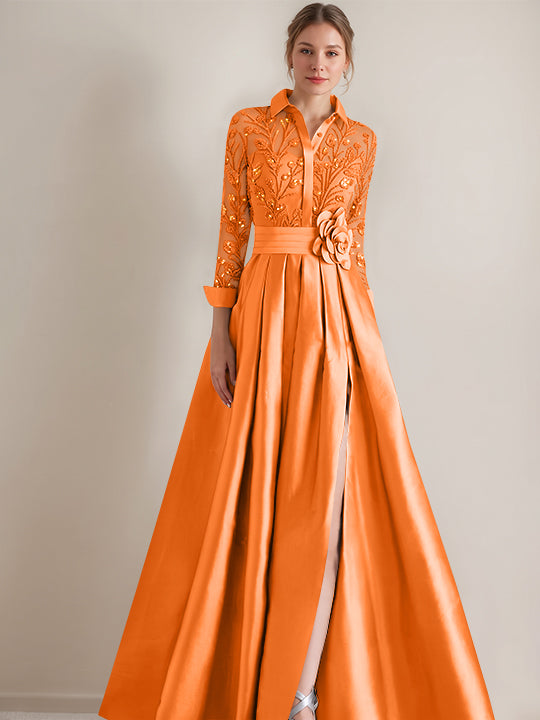 A-Line/Princess Shirt Collar Long Sleeves Floor-Length Mother of the Bride Dresses with Appliques &amp; Flower Belt