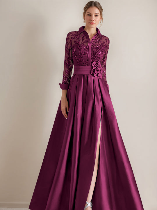 A-Line/Princess Shirt Collar Long Sleeves Floor-Length Mother of the Bride Dresses with Appliques &amp; Flower Belt
