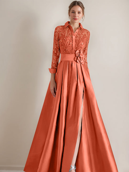 A-Line/Princess Shirt Collar Long Sleeves Floor-Length Mother of the Bride Dresses with Appliques &amp; Flower Belt