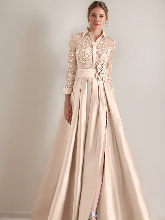 A-Line/Princess Shirt Collar Long Sleeves Floor-Length Mother of the Bride Dresses with Appliques &amp; Flower Belt