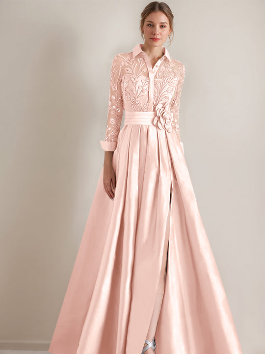 A-Line/Princess Shirt Collar Long Sleeves Floor-Length Mother of the Bride Dresses with Appliques &amp; Flower Belt