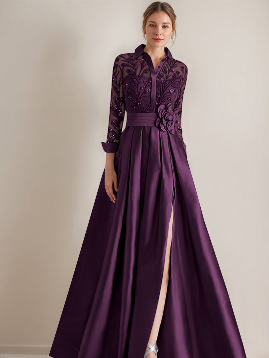 A-Line/Princess Shirt Collar Long Sleeves Floor-Length Mother of the Bride Dresses with Appliques &amp; Flower Belt