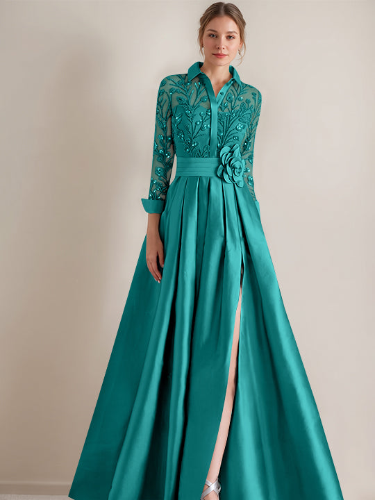 A-Line/Princess Shirt Collar Long Sleeves Floor-Length Mother of the Bride Dresses with Appliques &amp; Flower Belt