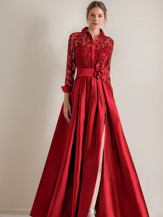 A-Line/Princess Shirt Collar Long Sleeves Floor-Length Mother of the Bride Dresses with Appliques &amp; Flower Belt