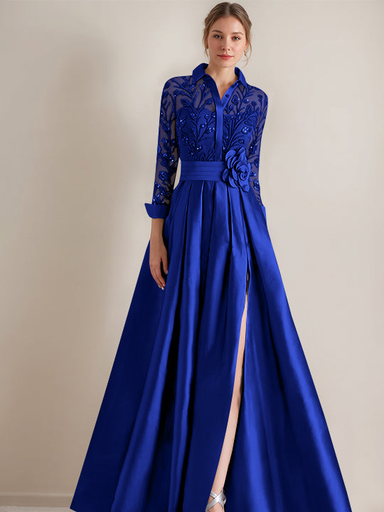 A-Line/Princess Shirt Collar Long Sleeves Floor-Length Mother of the Bride Dresses with Appliques &amp; Flower Belt