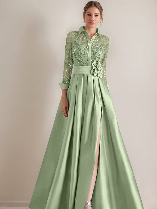 A-Line/Princess Shirt Collar Long Sleeves Floor-Length Mother of the Bride Dresses with Appliques &amp; Flower Belt