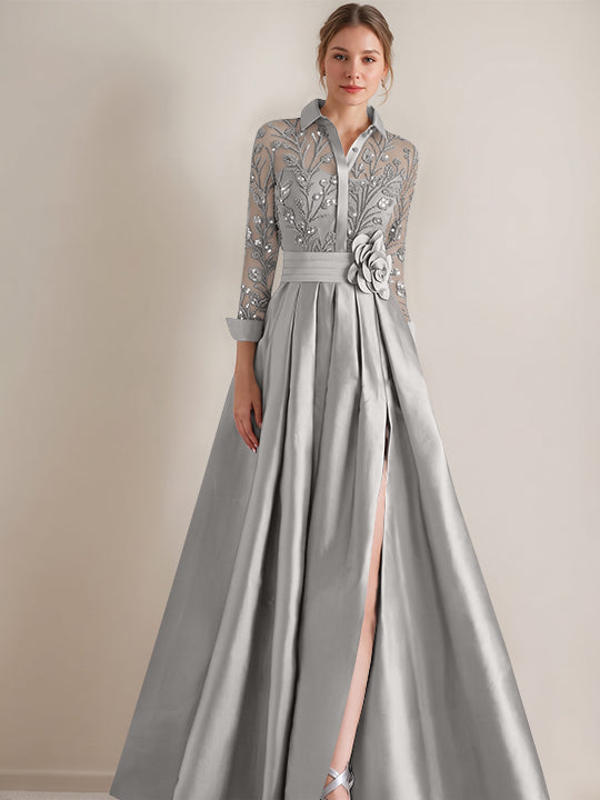 A-Line/Princess Shirt Collar Long Sleeves Floor-Length Mother of the Bride Dresses with Appliques &amp; Flower Belt