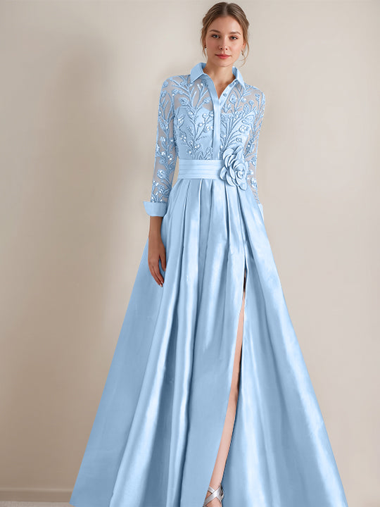A-Line/Princess Shirt Collar Long Sleeves Floor-Length Mother of the Bride Dresses with Appliques &amp; Flower Belt