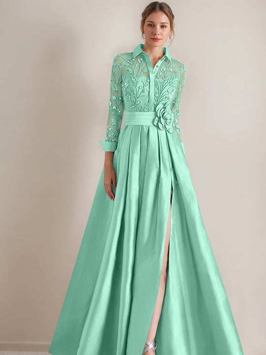 A-Line/Princess Shirt Collar Long Sleeves Floor-Length Mother of the Bride Dresses with Appliques &amp; Flower Belt