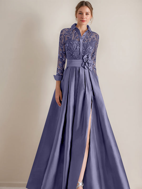 A-Line/Princess Shirt Collar Long Sleeves Floor-Length Mother of the Bride Dresses with Appliques &amp; Flower Belt