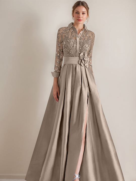 A-Line/Princess Shirt Collar Long Sleeves Floor-Length Mother of the Bride Dresses with Appliques &amp; Flower Belt