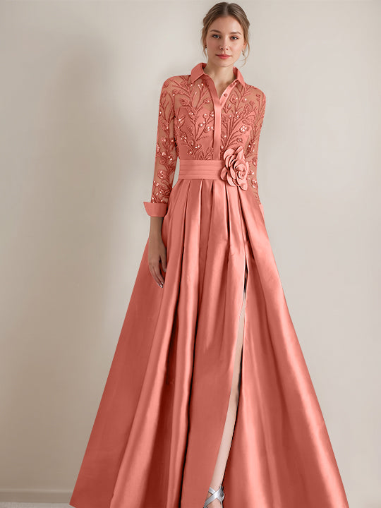 A-Line/Princess Shirt Collar Long Sleeves Floor-Length Mother of the Bride Dresses with Appliques &amp; Flower Belt