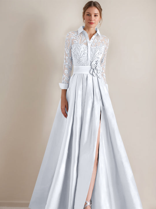 A-Line/Princess Shirt Collar Long Sleeves Floor-Length Mother of the Bride Dresses with Appliques &amp; Flower Belt