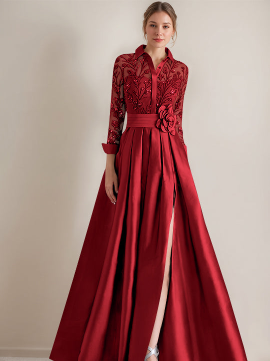 A-Line/Princess Shirt Collar Long Sleeves Floor-Length Mother of the Bride Dresses with Appliques &amp; Flower Belt