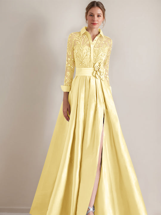 A-Line/Princess Shirt Collar Long Sleeves Floor-Length Mother of the Bride Dresses with Appliques &amp; Flower Belt