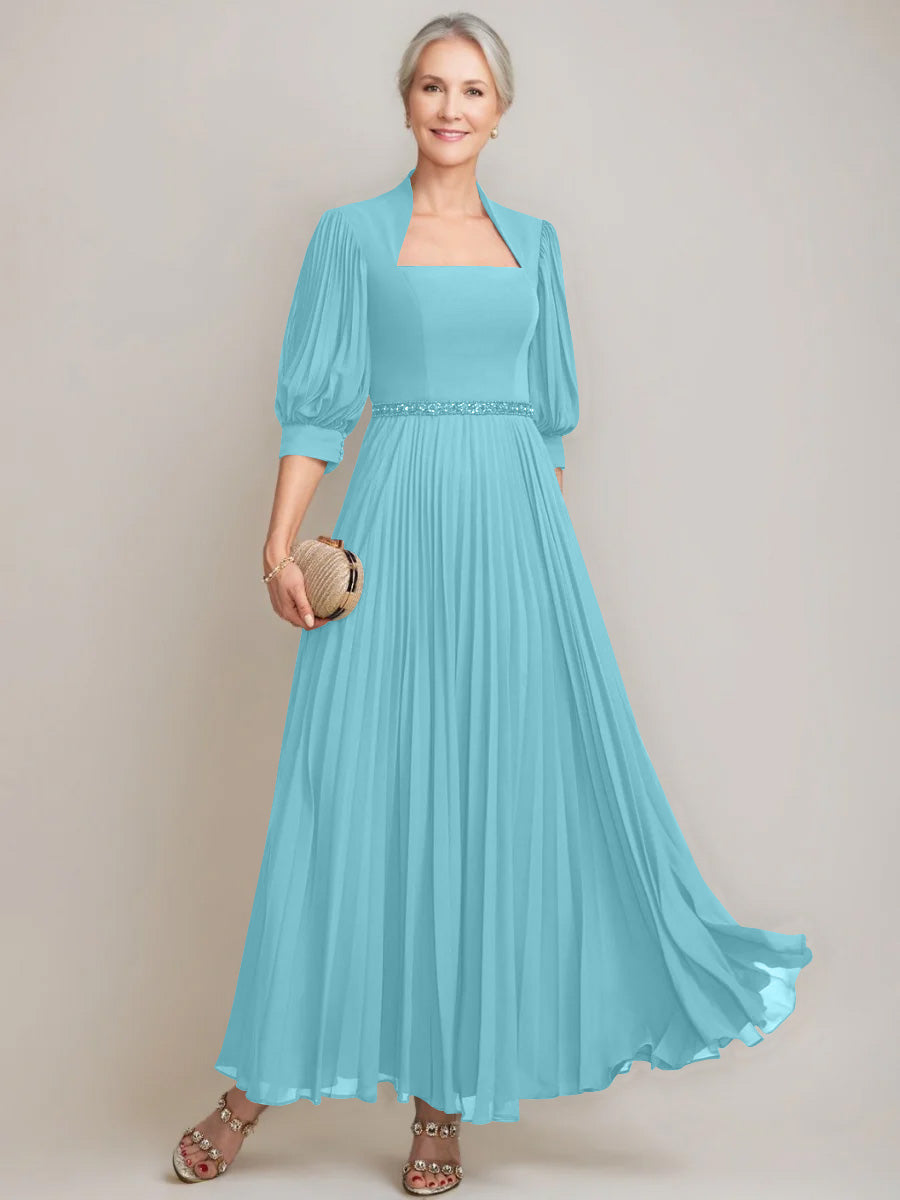 A-line/Princess Queen Anne Neckline Ankle-Length Pleated Mother of the Bride Dresses with Sequins & Beads