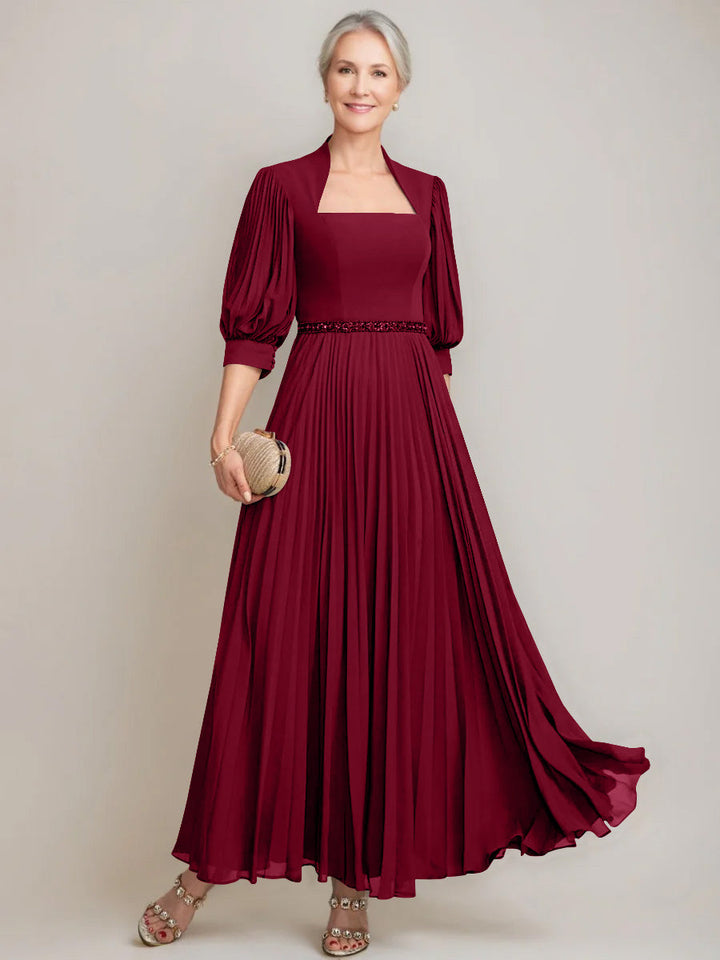 A-line/Princess Queen Anne Neckline Ankle-Length Pleated Mother of the Bride Dresses with Sequins & Beads