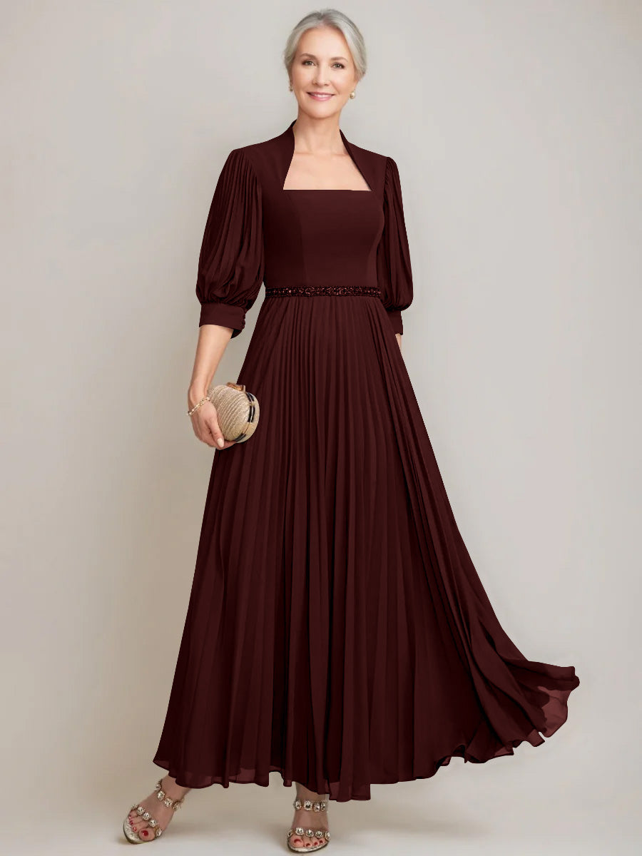 A-line/Princess Queen Anne Neckline Ankle-Length Pleated Mother of the Bride Dresses with Sequins & Beads