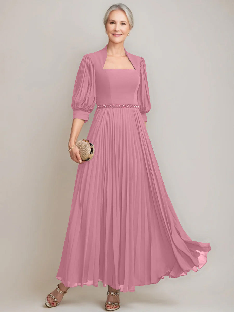 A-line/Princess Queen Anne Neckline Ankle-Length Pleated Mother of the Bride Dresses with Sequins & Beads