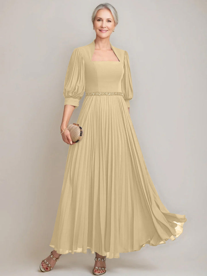 A-line/Princess Queen Anne Neckline Ankle-Length Pleated Mother of the Bride Dresses with Sequins & Beads