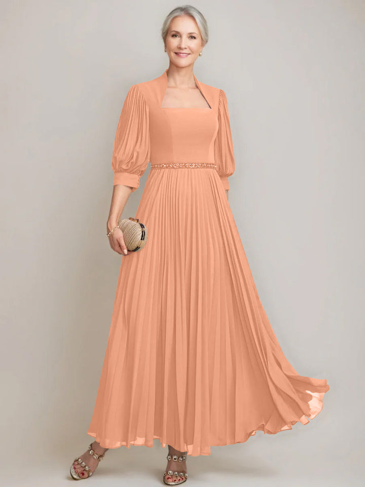 A-line/Princess Queen Anne Neckline Ankle-Length Pleated Mother of the Bride Dresses with Sequins & Beads