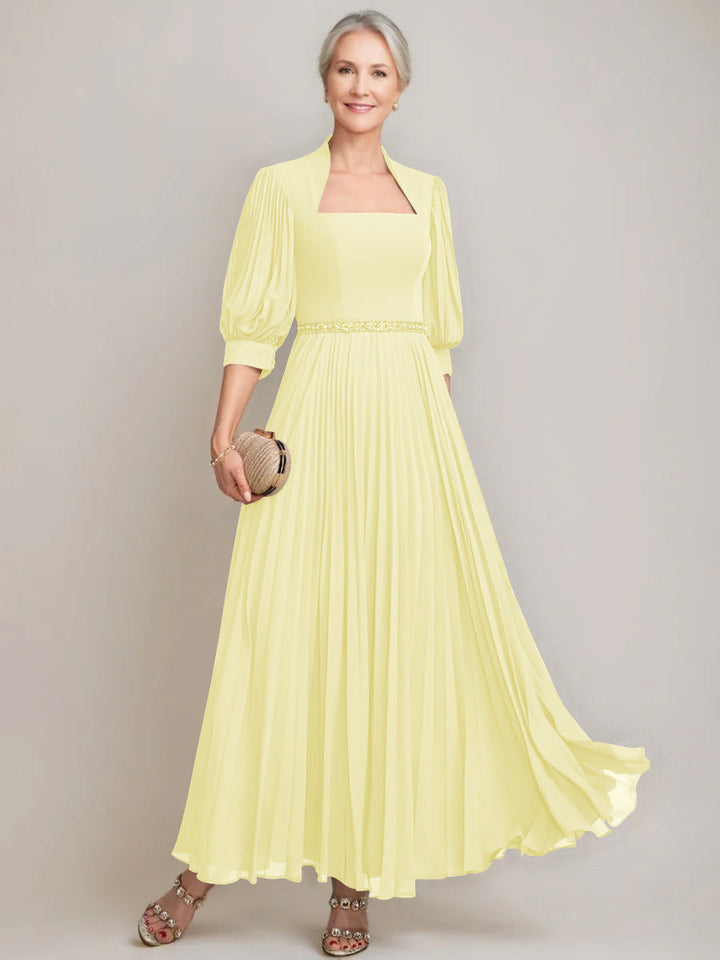 A-line/Princess Queen Anne Neckline Ankle-Length Pleated Mother of the Bride Dresses with Sequins & Beads