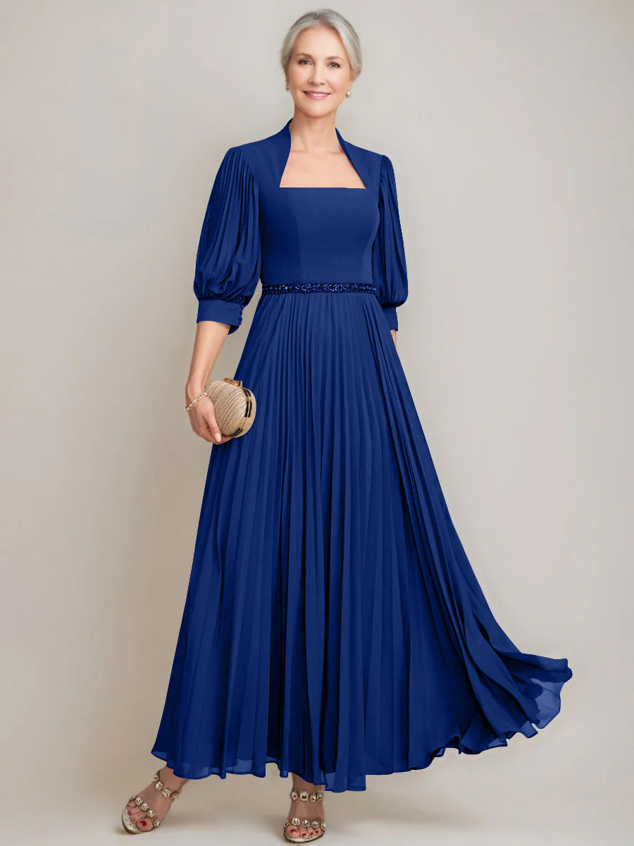 A-line/Princess Queen Anne Neckline Ankle-Length Pleated Mother of the Bride Dresses with Sequins & Beads