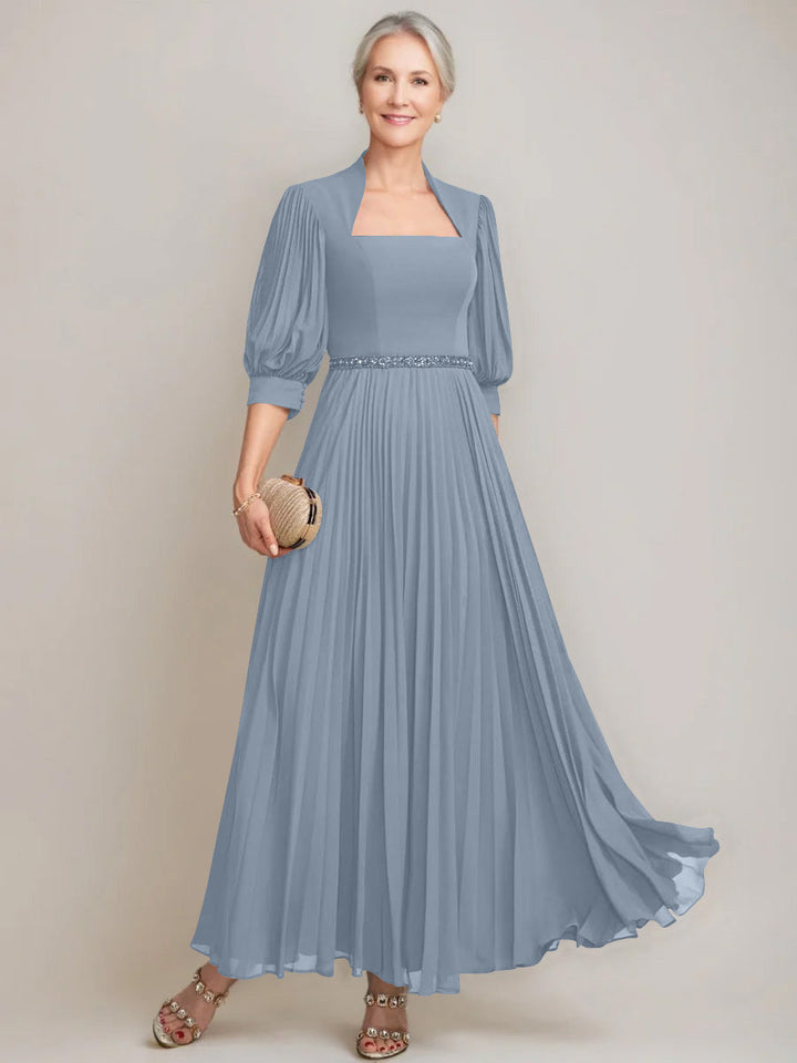 A-line/Princess Queen Anne Neckline Ankle-Length Pleated Mother of the Bride Dresses with Sequins & Beads