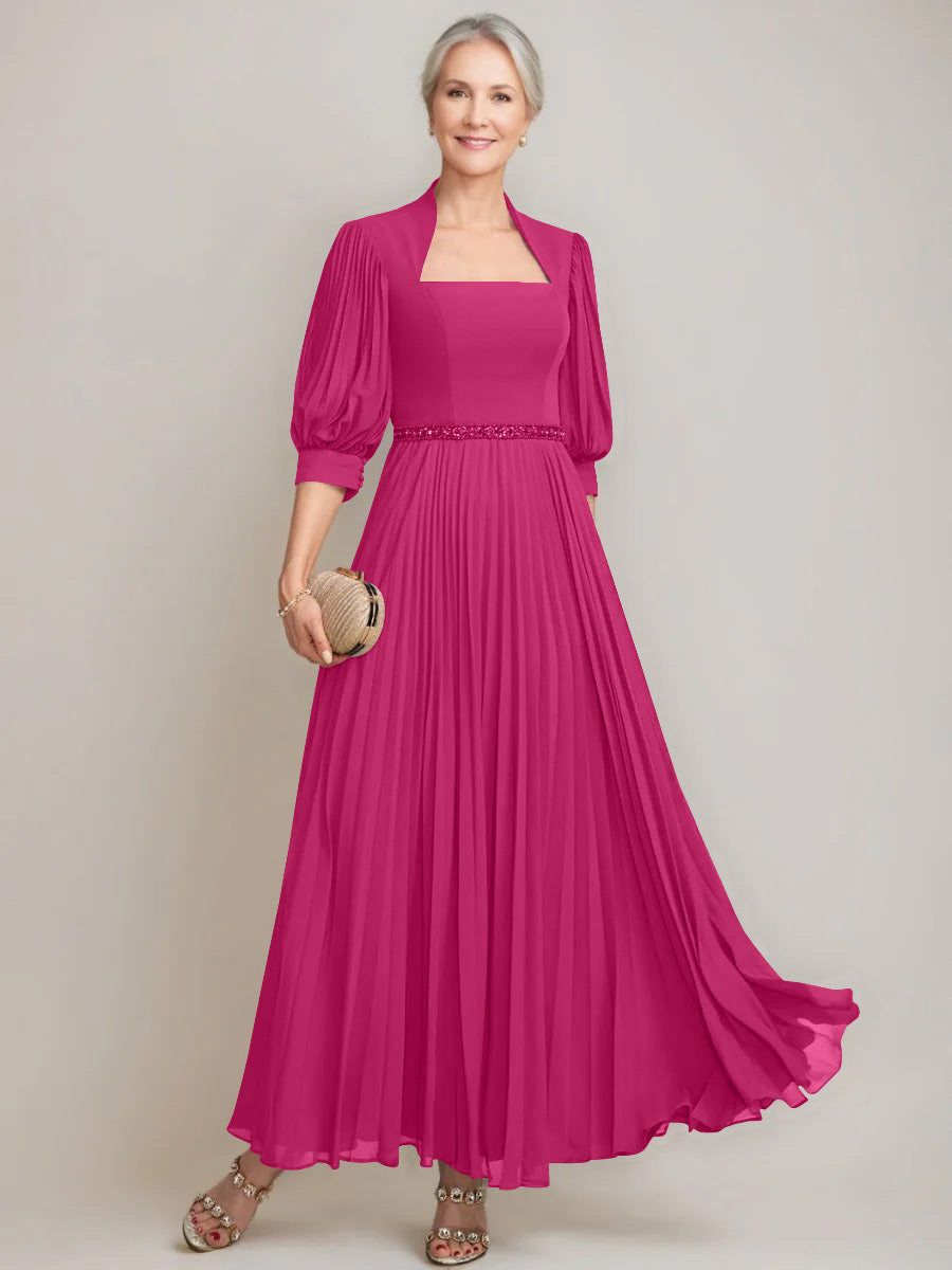 A-line/Princess Queen Anne Neckline Ankle-Length Pleated Mother of the Bride Dresses with Sequins & Beads