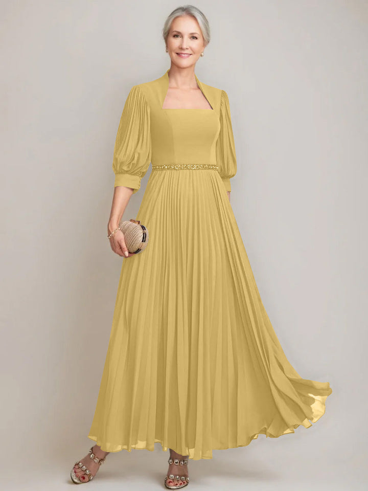 A-line/Princess Queen Anne Neckline Ankle-Length Pleated Mother of the Bride Dresses with Sequins & Beads