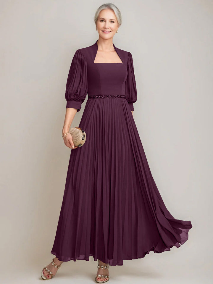 A-line/Princess Queen Anne Neckline Ankle-Length Pleated Mother of the Bride Dresses with Sequins & Beads