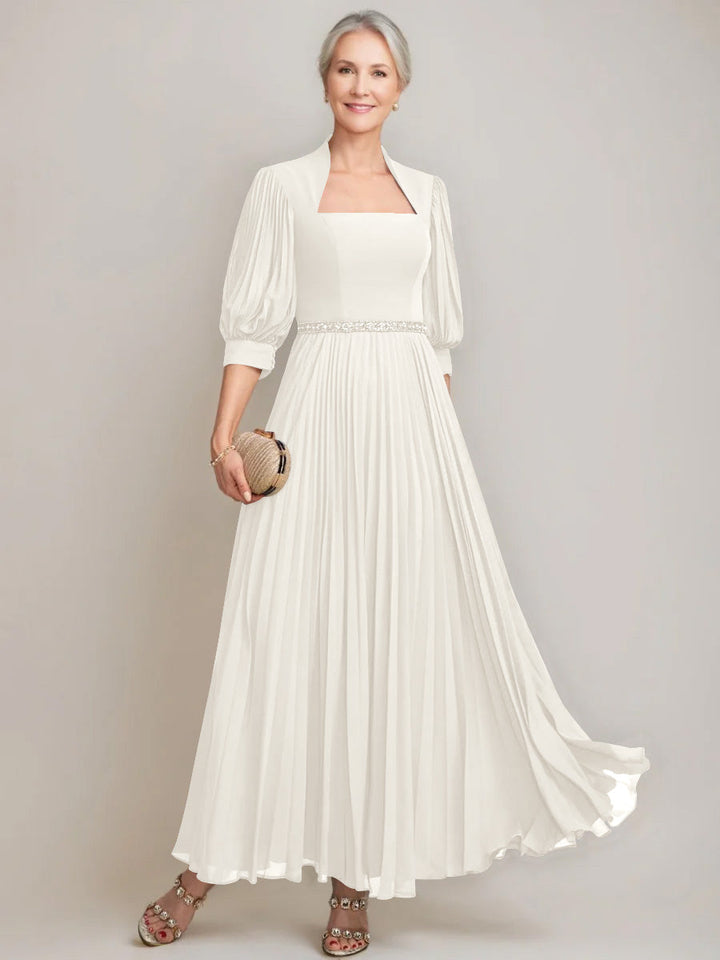 A-line/Princess Queen Anne Neckline Ankle-Length Pleated Mother of the Bride Dresses with Sequins & Beads