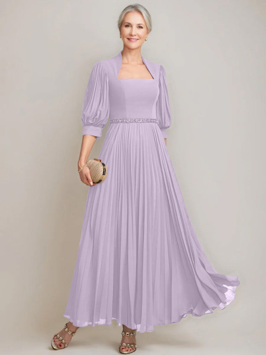 A-line/Princess Queen Anne Neckline Ankle-Length Pleated Mother of the Bride Dresses with Sequins & Beads