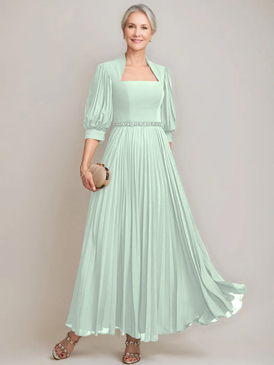 A-line/Princess Queen Anne Neckline Ankle-Length Pleated Mother of the Bride Dresses with Sequins & Beads