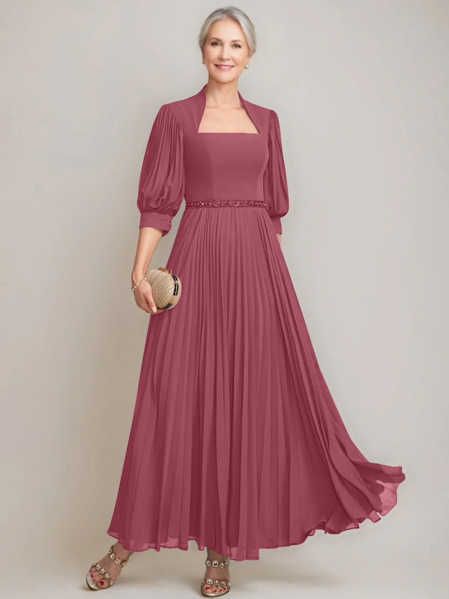 A-line/Princess Queen Anne Neckline Ankle-Length Pleated Mother of the Bride Dresses with Sequins & Beads