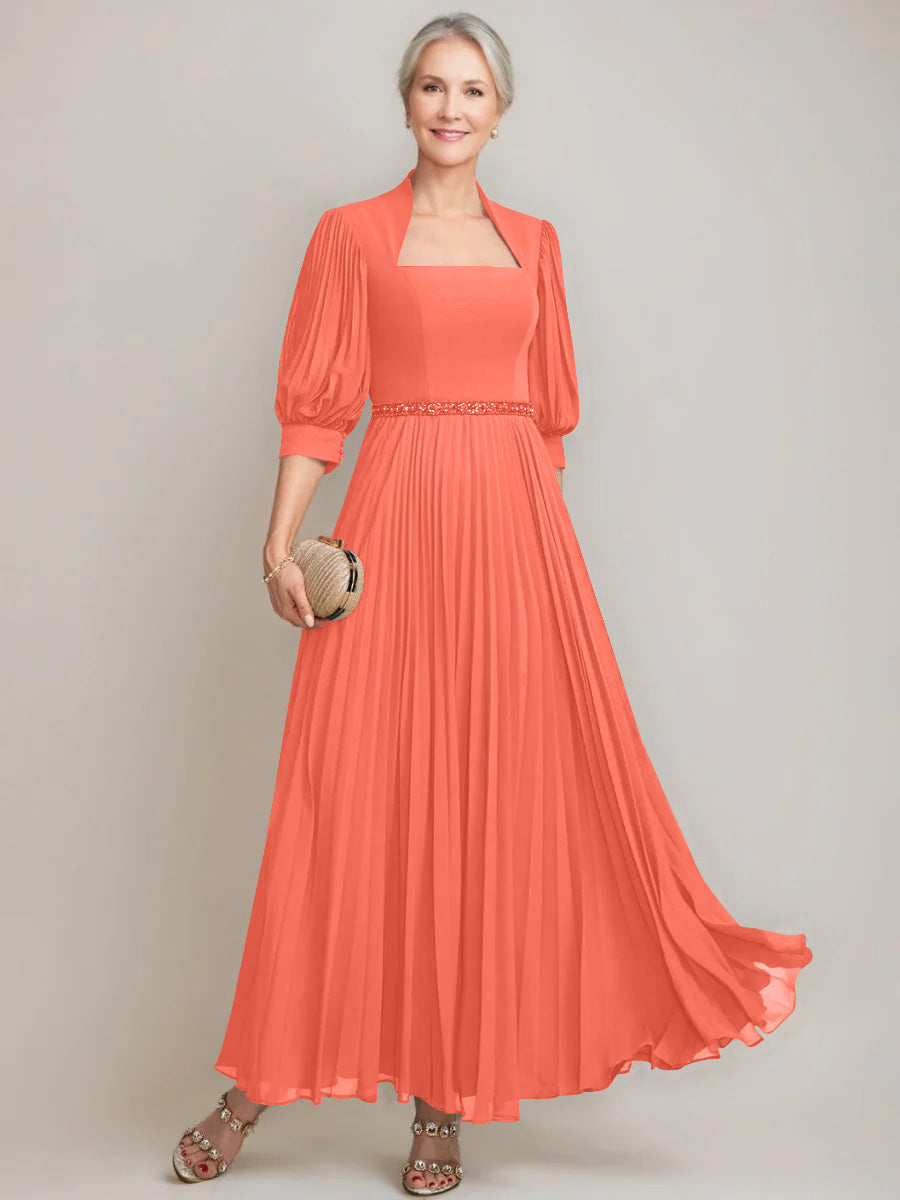 A-line/Princess Queen Anne Neckline Ankle-Length Pleated Mother of the Bride Dresses with Sequins & Beads